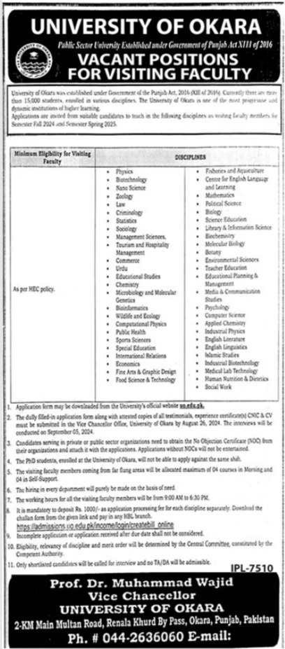 University Of Okara Punjab Jobs 2024 Jobs 2024 — original advertisement