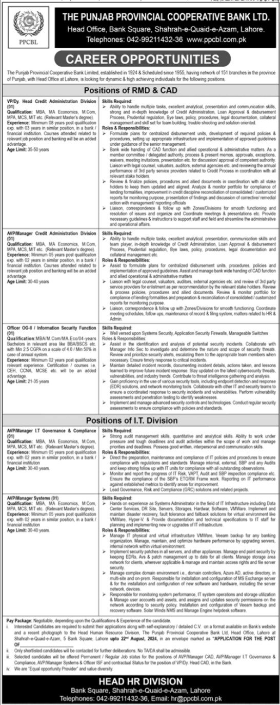 The Punjab Provincial Cooperative Bank Lahore Jobs 2024 Jobs 2024 — original advertisement
