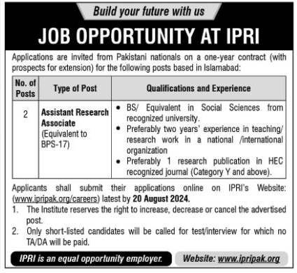 Islamabad Policy Research Institute IPRI Islamabad Jobs 2024 Jobs 2024 — original advertisement