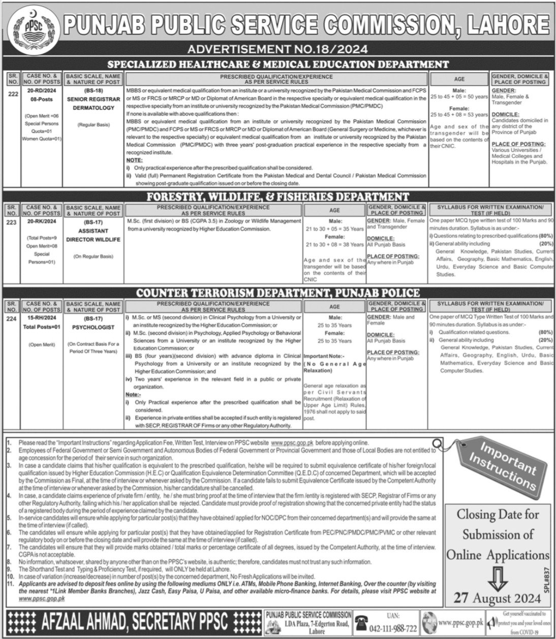 Punjab Public Service Commission PPSC Jobs 18/2024 – Punjab Public Service Commission Lahore Jobs 2024 — original advertisement