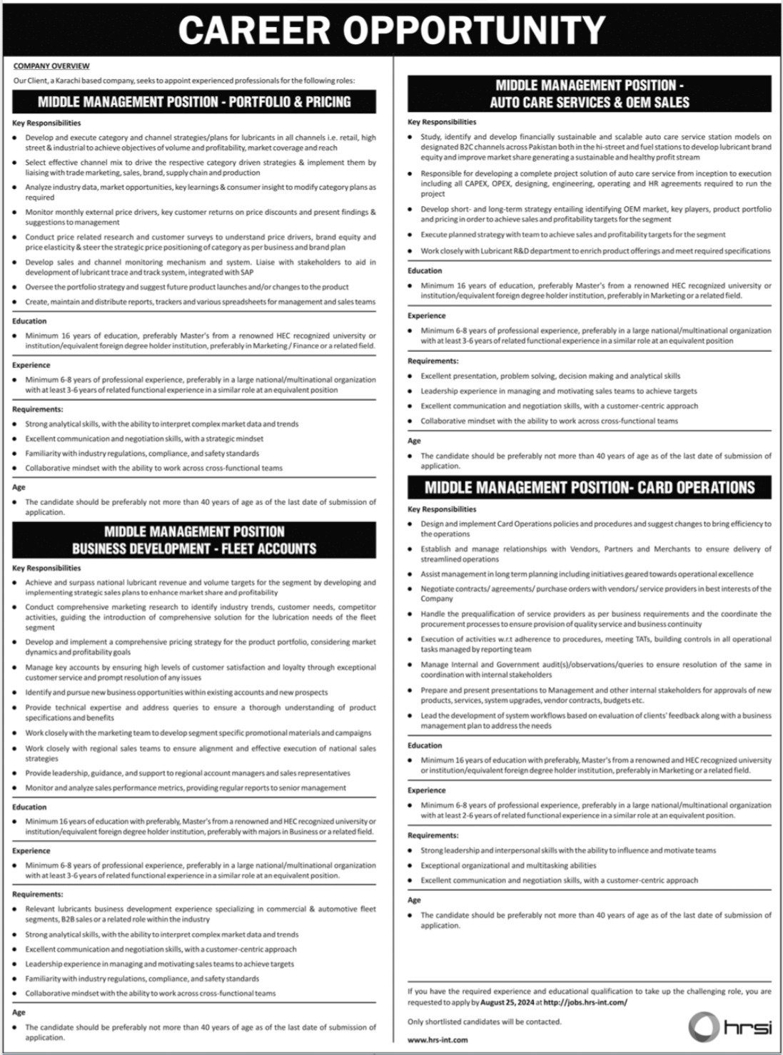 Human Resource Solution International HRSI Jobs 2024 – HRSG People and Business karachi Jobs 2024 — original advertisement