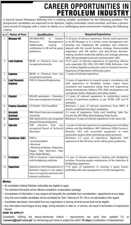 Petroleum Industry Karachi Sindh Jobs 2024 – Private Company Jobs 2024 — original advertisement
