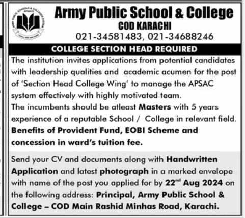 Army Public School & College APS&C Jobs 2024 – Army Public School & College Paksitan Jobs 2024 — original advertisement