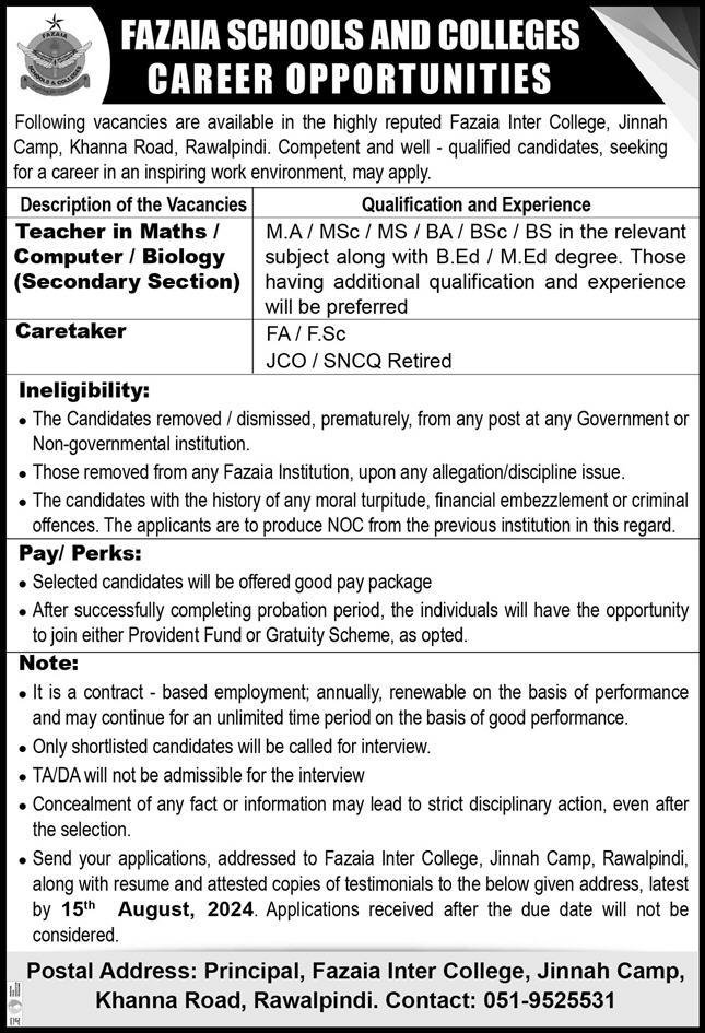 Fazaia Inter College Rawalpindi Punjab Jobs 2024 – Fazaia Schools & Colleges Jobs 2024 — original advertisement