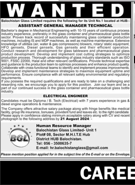Balochistan Glass Limited Jobs 2024 Jobs 2024 — original advertisement
