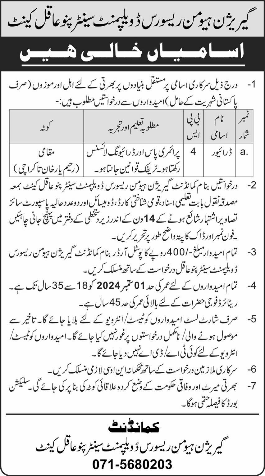Garrison Human Resourses Development Centre Jobs 2024 – Pakistan Army Jobs 2024 — original advertisement