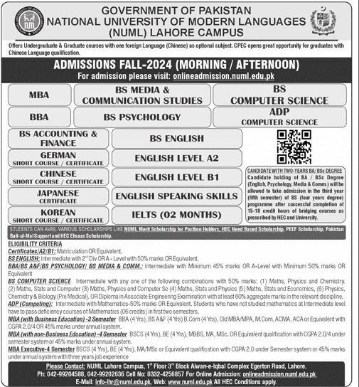 Admission Open in National University of Modern Languages – National University of Modern Languages Islamabad Admissions 2024 — original advertisement