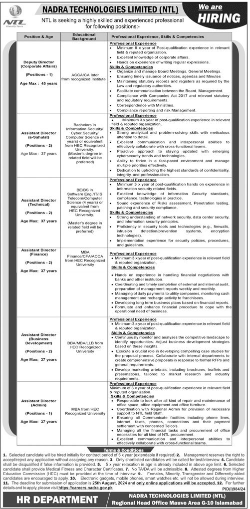 National Technologies Limited NTL Jobs 2024 – Nadra Technologies Limited Jobs 2024 — original advertisement