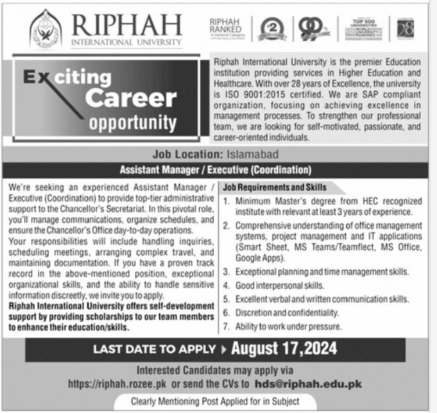 Riphah International Univeristy Jobs 2024 – Riphah International University Jobs 2024 — original advertisement