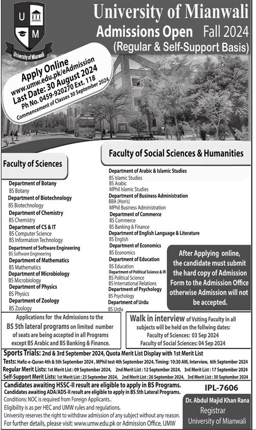 Admission Open in University of Mianwali 2024 Admissions 2024 — original advertisement