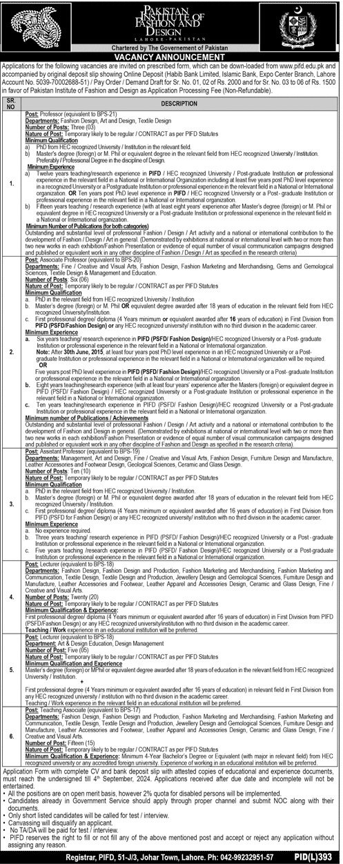 Pakistan Institute Of Fashion And Design PIFD Jobs 2024 – Pakistan Institute of Fashion and Design PIFD Lahore Jobs 2024 — original advertisement