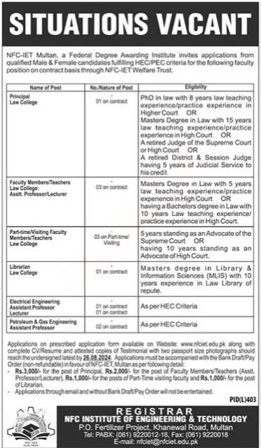 NFC Institute of Engineering & Technology Jobs 2024 – NFC Institute of Engineering & Technology Multan Jobs 2024 — original advertisement