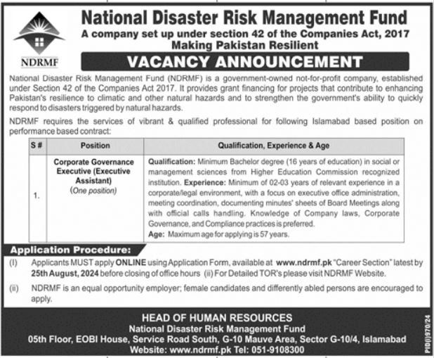 National Disaster Risk Management Fund Islamabad Jobs 2024 – National Disaster Management Authority (NDMA) Pakistan Jobs 2024 — original advertisement