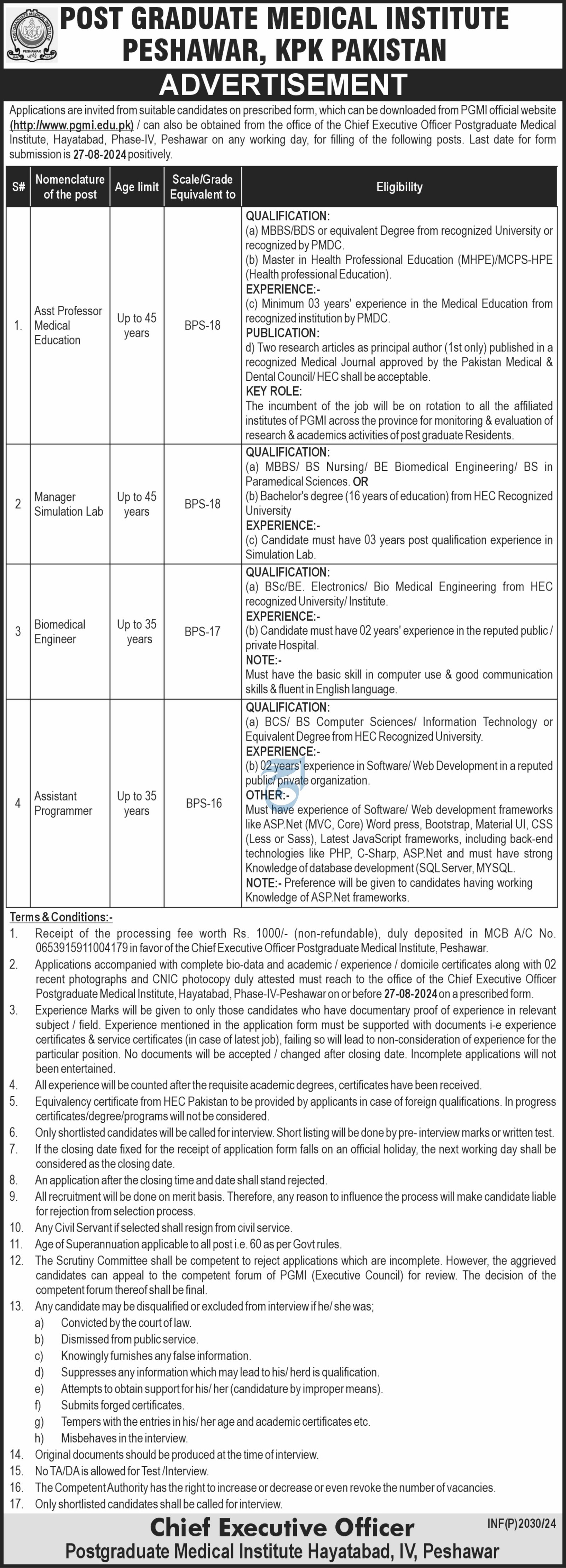 Post Graduate Medical Institute Peshawar Jobs 2024 Jobs 2024 — original advertisement