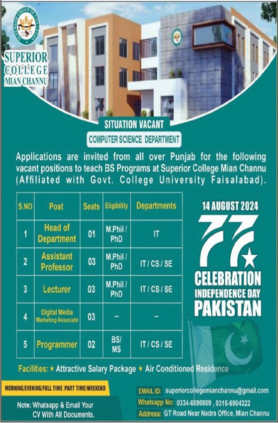 Superior College Mian Channu Punjab Jobs 2024 – Superior Group Of Colleges Jobs 2024 — original advertisement