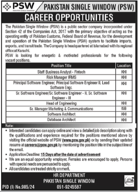 Pakistan Single Window PSW Karachi Jobs 2024 Jobs 2024 — original advertisement