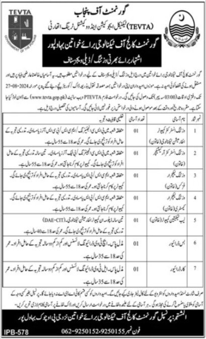 Govt College Of Technology For Women Jobs 2024 – Technical Education & Vocational Training Authority TEVTA Punjab Jobs 2024 — original advertisement