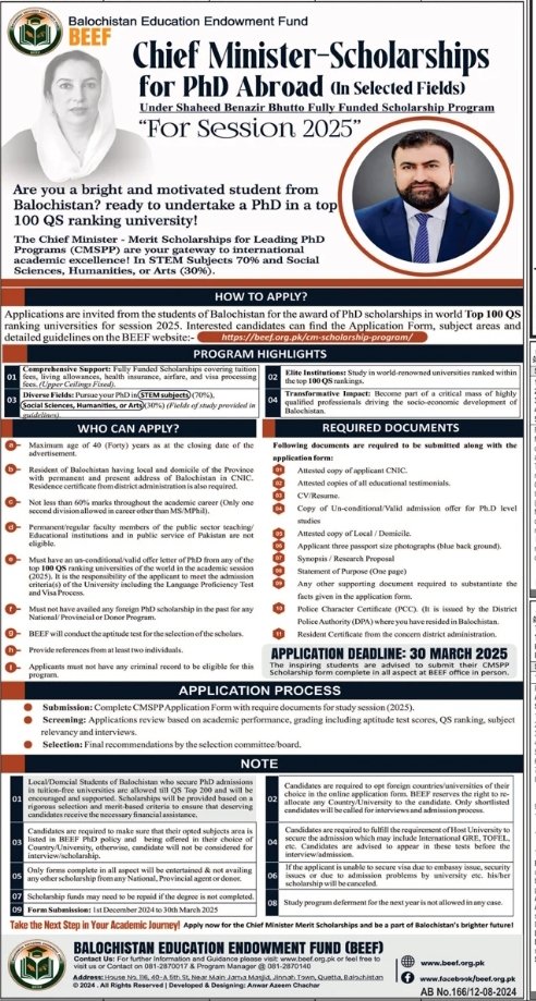 BEEF Chief Minister Scholarship for PHD abroad 2025 – Balochistan Education Endowment Fund (BEEF) Scholarships 2024 — original advertisement