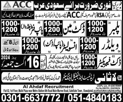 Pipe Insulator & Welder Jobs 2024 In Saudi Arabia – Lasani Trade Test & Technical Training Center Jobs 2024 — original advertisement