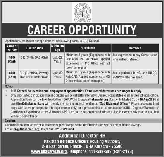 Defence Housing Authority DHA karachi Jobs 2024 Jobs 2024 — original advertisement