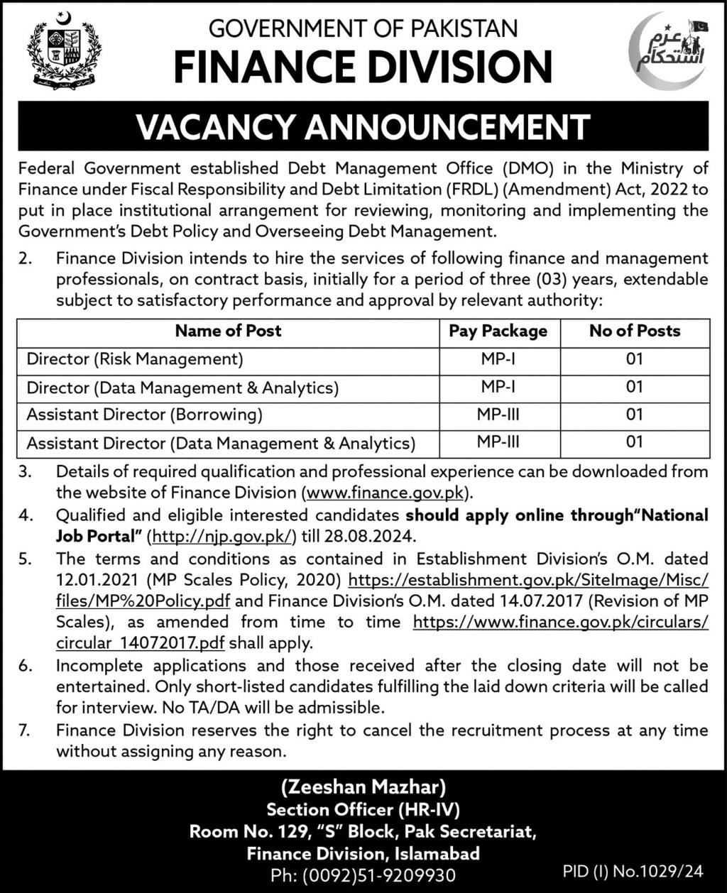 Finance Division Islamabad Jobs 2024 Jobs 2024 — original advertisement