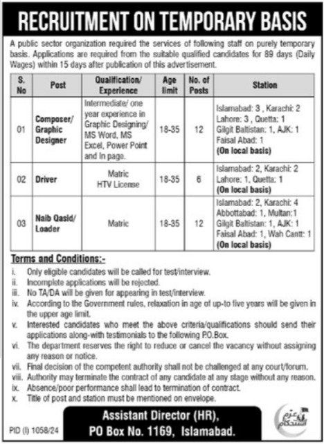 Public Sector Organization Islamabad Jobs 2024 Jobs 2024 — original advertisement