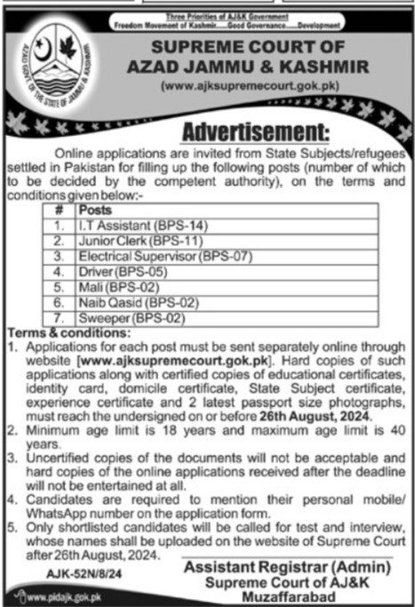 Supreme Court Of Azad Jammu & Kashmir Jobs 2024 – Supreme Court of Pakistan Jobs 2024 — original advertisement