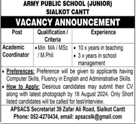 Army Public School Siakot Cantt Jobs 2024 – Army Public School & College Paksitan Jobs 2024 — original advertisement