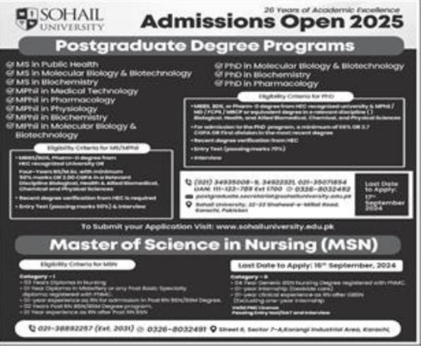 Admission Open in Sohail University Karachi Sindh 2024 Admissions 2024 — original advertisement
