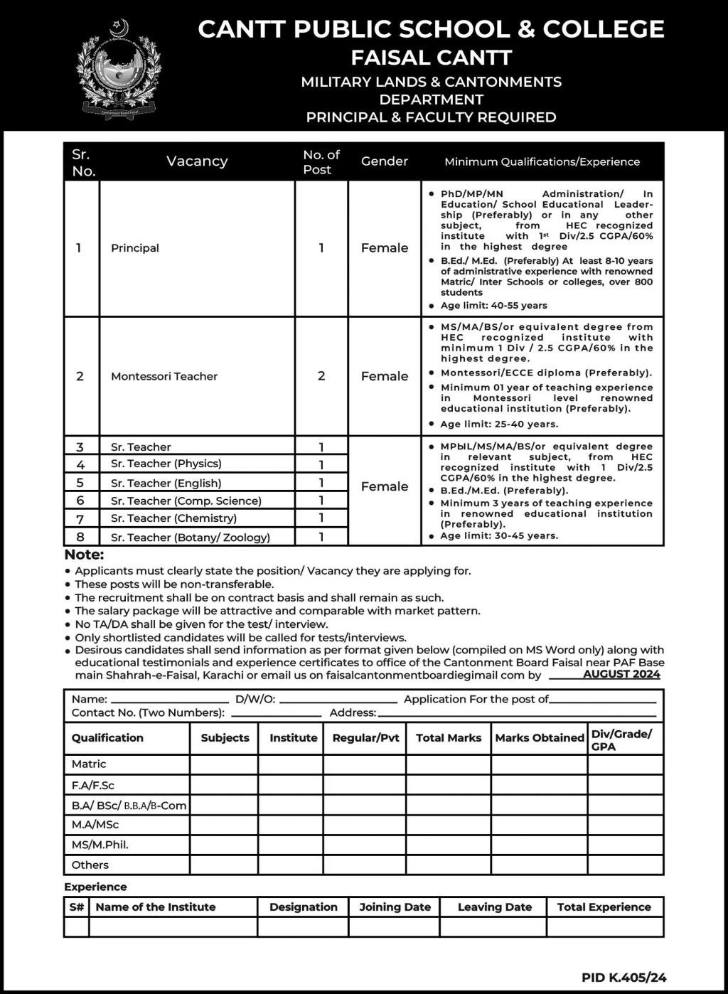 Cantt Public School & College Karachi Jobs 2024 – Federal Govt Educational Institutes Cantts and Garrisons Jobs 2024 — original advertisement