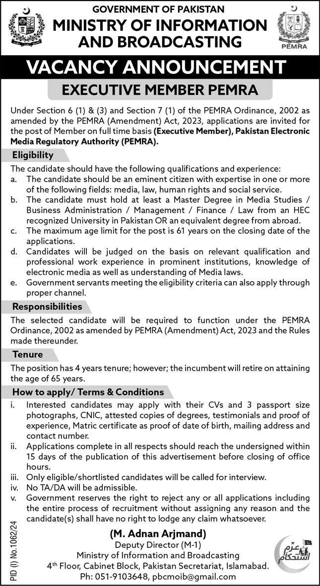Ministry Of Information & Broadcasting Islamabad Job – Ministry of Information & Broadcasting Pakistan Jobs 2024 — original advertisement