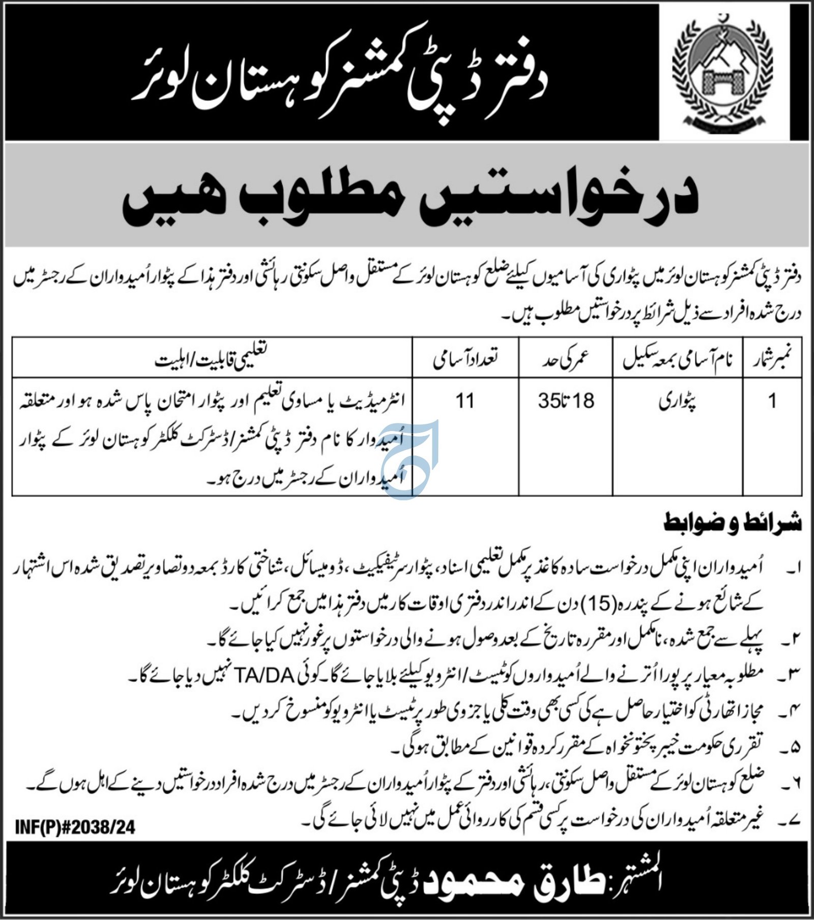 Deputy Commissioner Office Kohistan Khyber Pakhtunkhwa Jobs – Revenue Department KPK Jobs 2024 — original advertisement