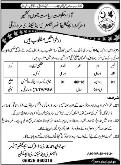 District Education Officer Kotli Azad Jammu Kashmir Job 2024 – Elementary & Secondary Education AJK Jobs 2024 — original advertisement