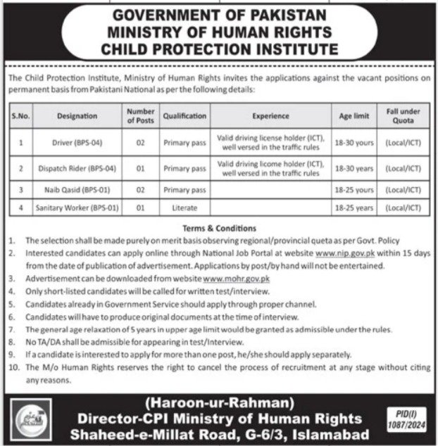 Child Protection Institute Islamabad Jobs 2024 – Child Protection & Welfare Bureau Jobs 2024 — original advertisement