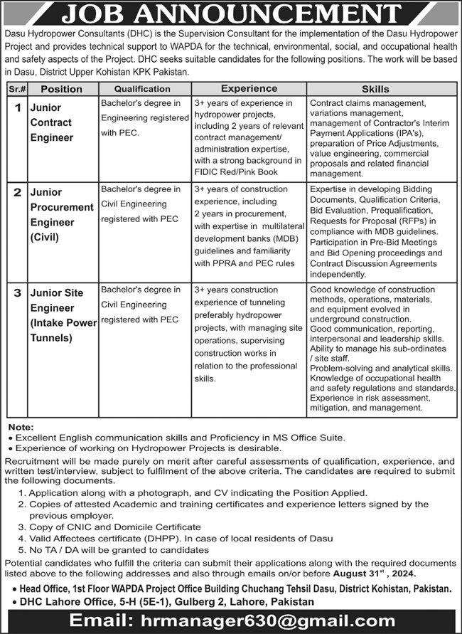Dasu Hydropower Cosultants DHC Kohistan jobs 2024 – Dasu Hydropower Consultants(DHC) Jobs 2024 — original advertisement
