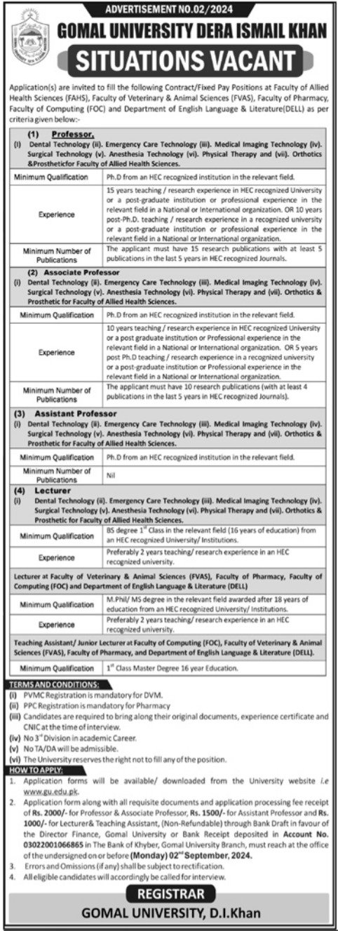 Gomal University Dera Ismail Khan Jobs 2024 Jobs 2024 — original advertisement