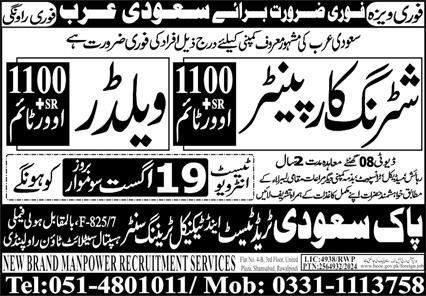 Welder & Shuttering Carpenter Jobs 2024 In Saudi Arabia – Pak Saudi Trade Test & Technical Training Center Jobs 2024 — original advertisement