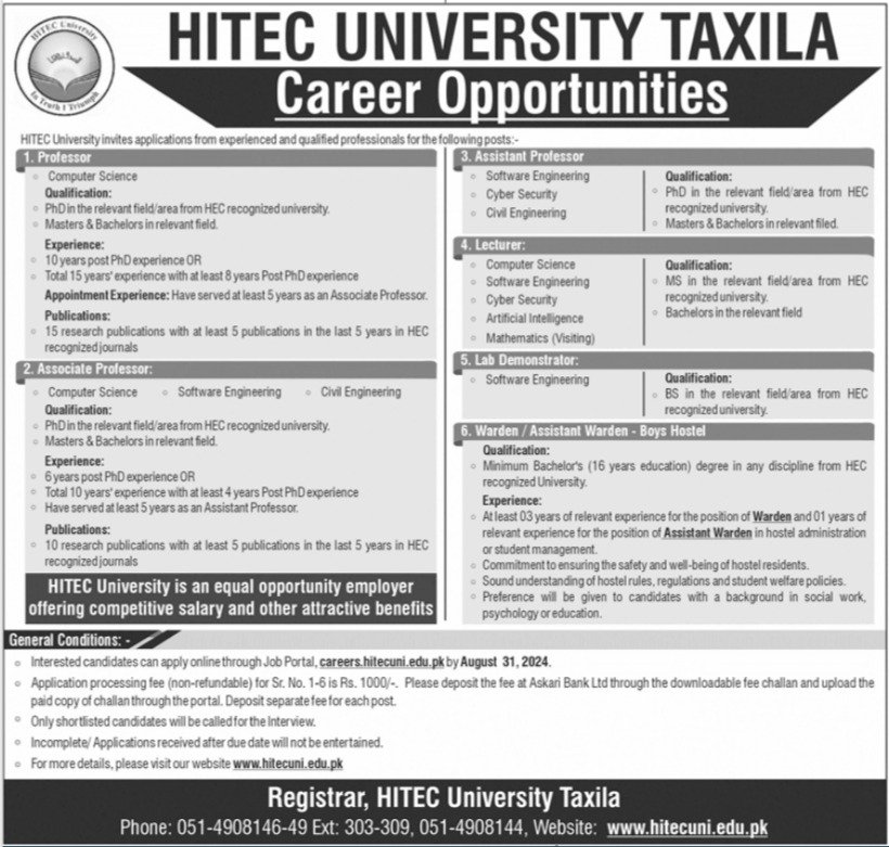 HITEC University Taxila Punjab Jobs 2024 Jobs 2024 — original advertisement