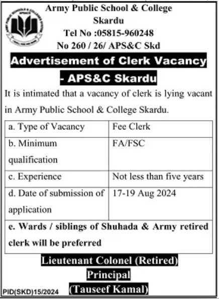 Army Public School & College APS&C Skardu Jobs 2024 – Army Public School & College Paksitan Jobs 2024 — original advertisement