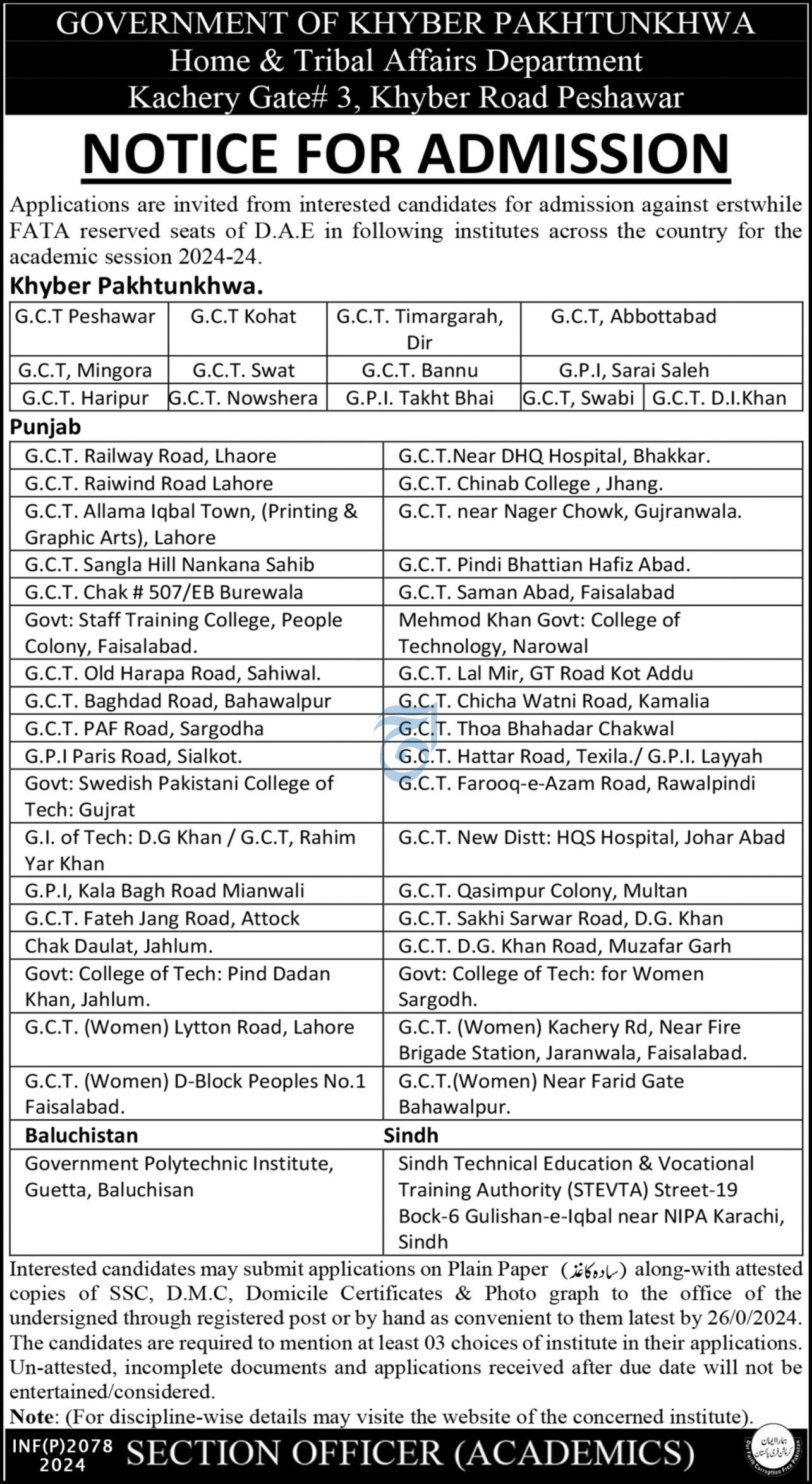 Admission Open in Home & Tribal Affaris Department Peshawar – Home  & Tribal Affairs Department KPK Admissions 2024 — original advertisement