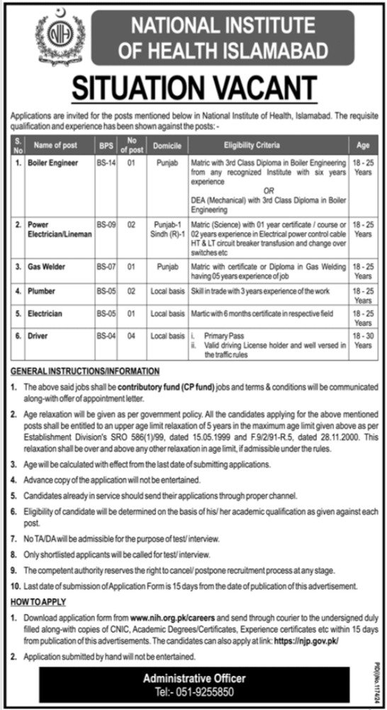 National Institute Of Health NIH Islamabad Jobs 2024 – National Institute of Health and Management Sciences Jobs 2024 — original advertisement
