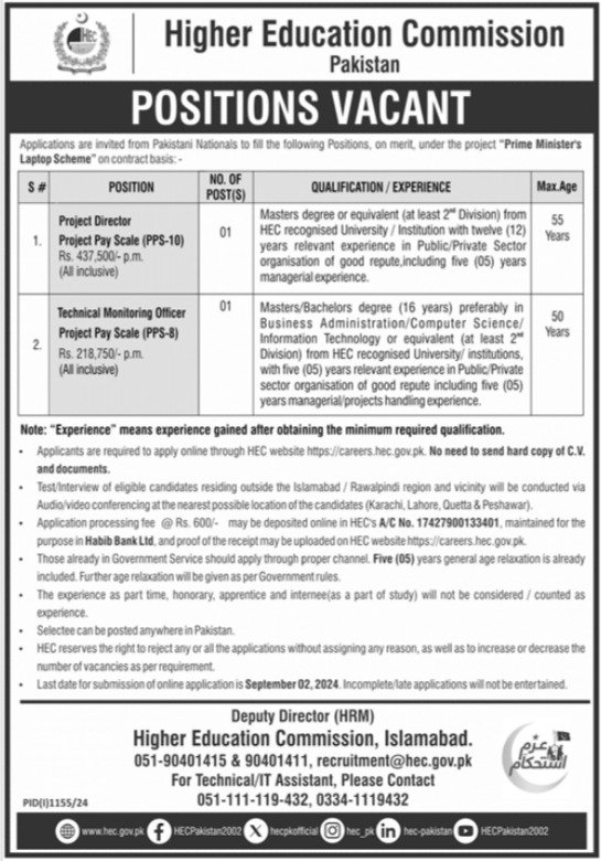 Higher Education Commission HEC Islamabad Jobs 2024 – Higher Education Commission Islamabad Jobs 2024 — original advertisement