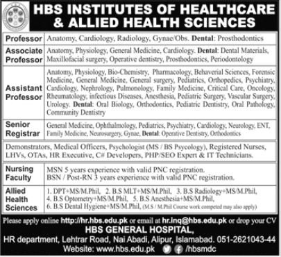 HBS Institute Of Healthcare Islamabad Jobs 2024 – Federal Government Organization Jobs 2024 — original advertisement