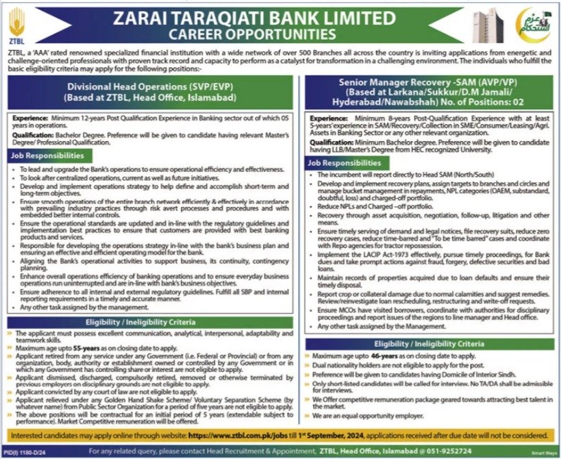 Zarai Taraqiati Bank Limited ZTBL Islamabad Jobs 2024 Jobs 2024 — original advertisement