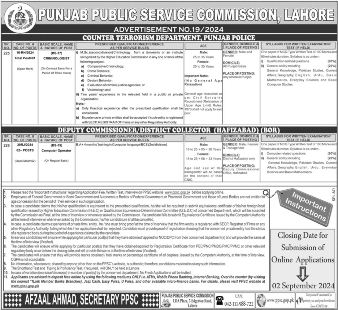 Punjab Public Service Commission PPSC Jobs 19/2024 – Punjab Public Service Commission Lahore Jobs 2024 — original advertisement
