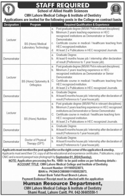 CMH Lahore Medical College Punjab Jobs 2024 – Combined Military Hospital CMH Jobs 2024 — original advertisement
