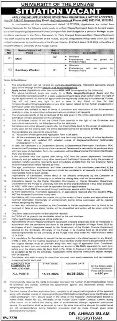 University Of The Punjab Jobs 2024 – University of Punjab Jobs 2024 — original advertisement