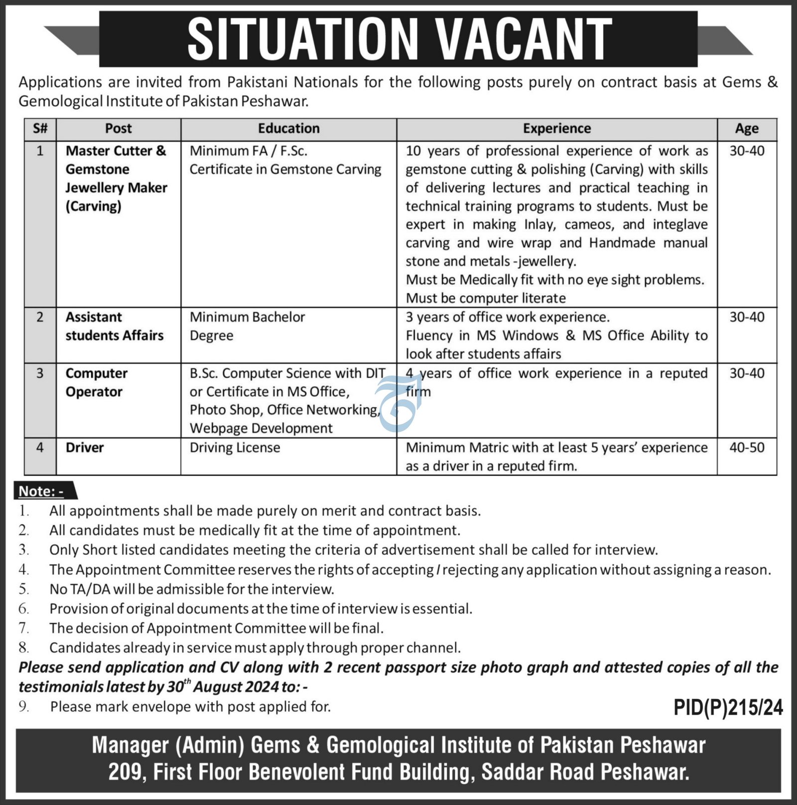 Gemological Institute of Pakistan Peshawar Jobs 2024 – Institute of Management Sciences Peshawar Jobs 2024 — original advertisement