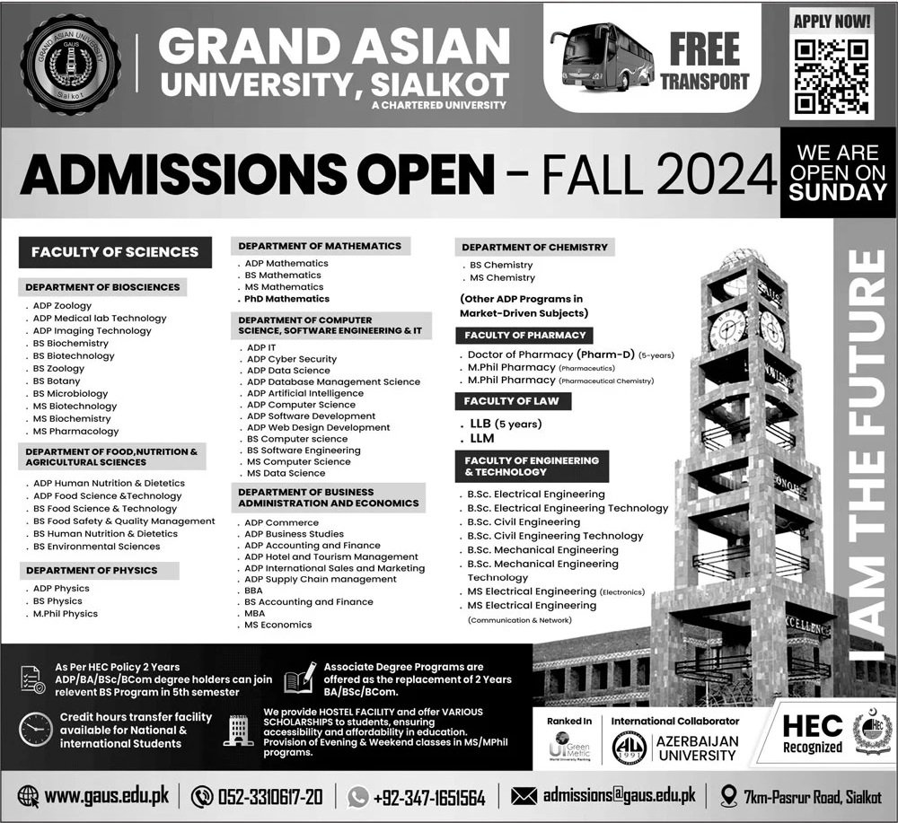 Admission Open in Grand Asian University 2024 – Grand Asian University Sialkot Admissions 2024 — original advertisement