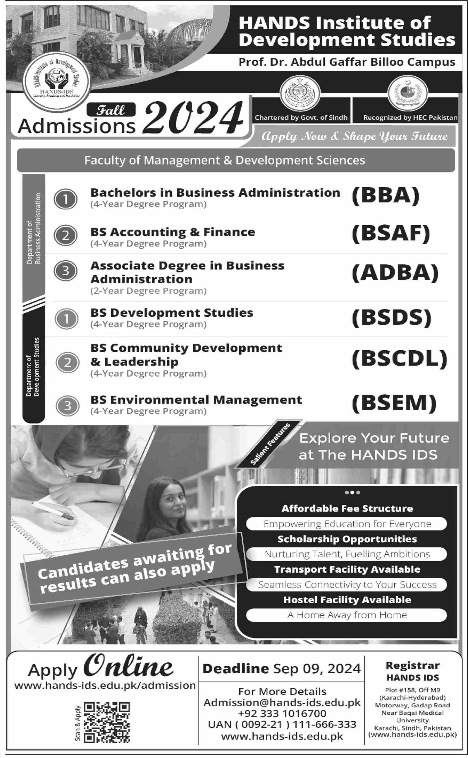 Admission Open in Hands institute of Development Studies Admissions 2024 — original advertisement
